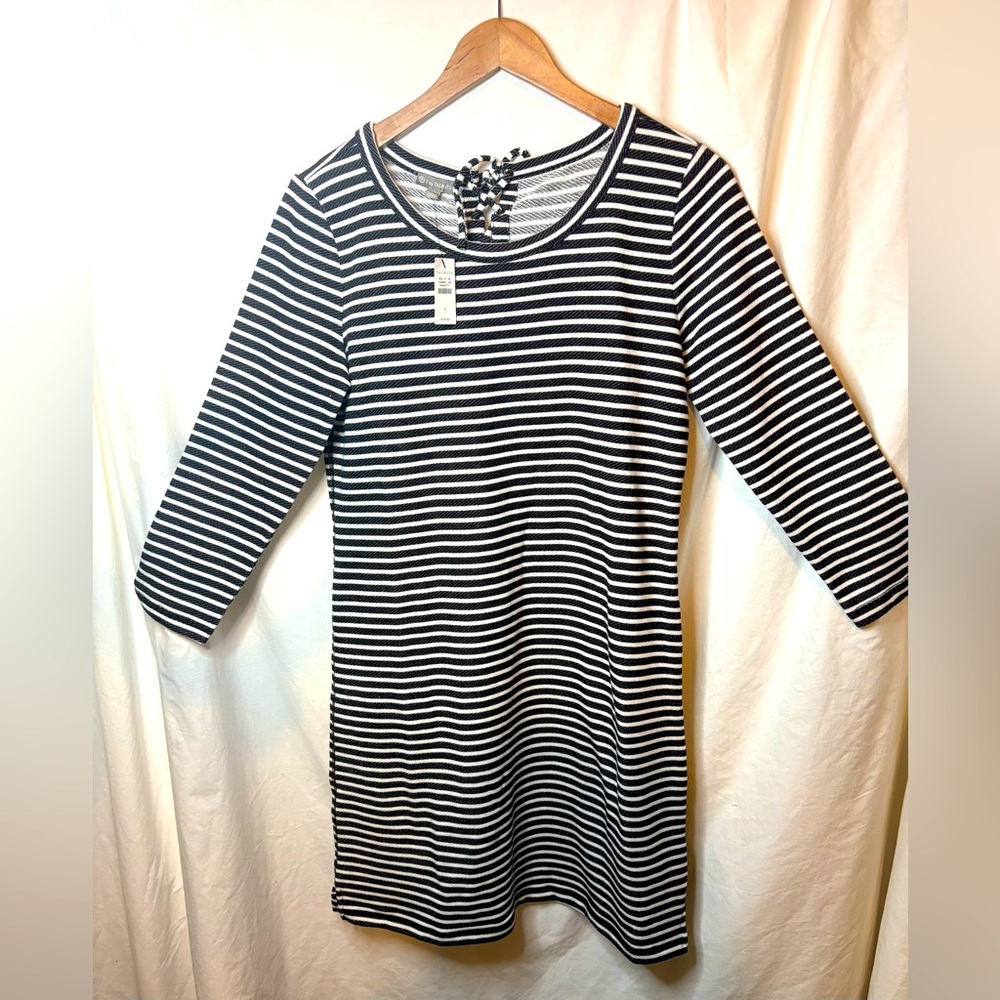 NWT T by Talbots Black White Stripe Lace Up Back Dress Womens Size S 3/4 Sleeve